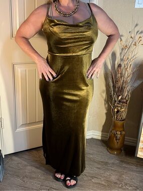 Just...Taylor Olive Velvet Cowl Slip Maxi Dress with side slits
